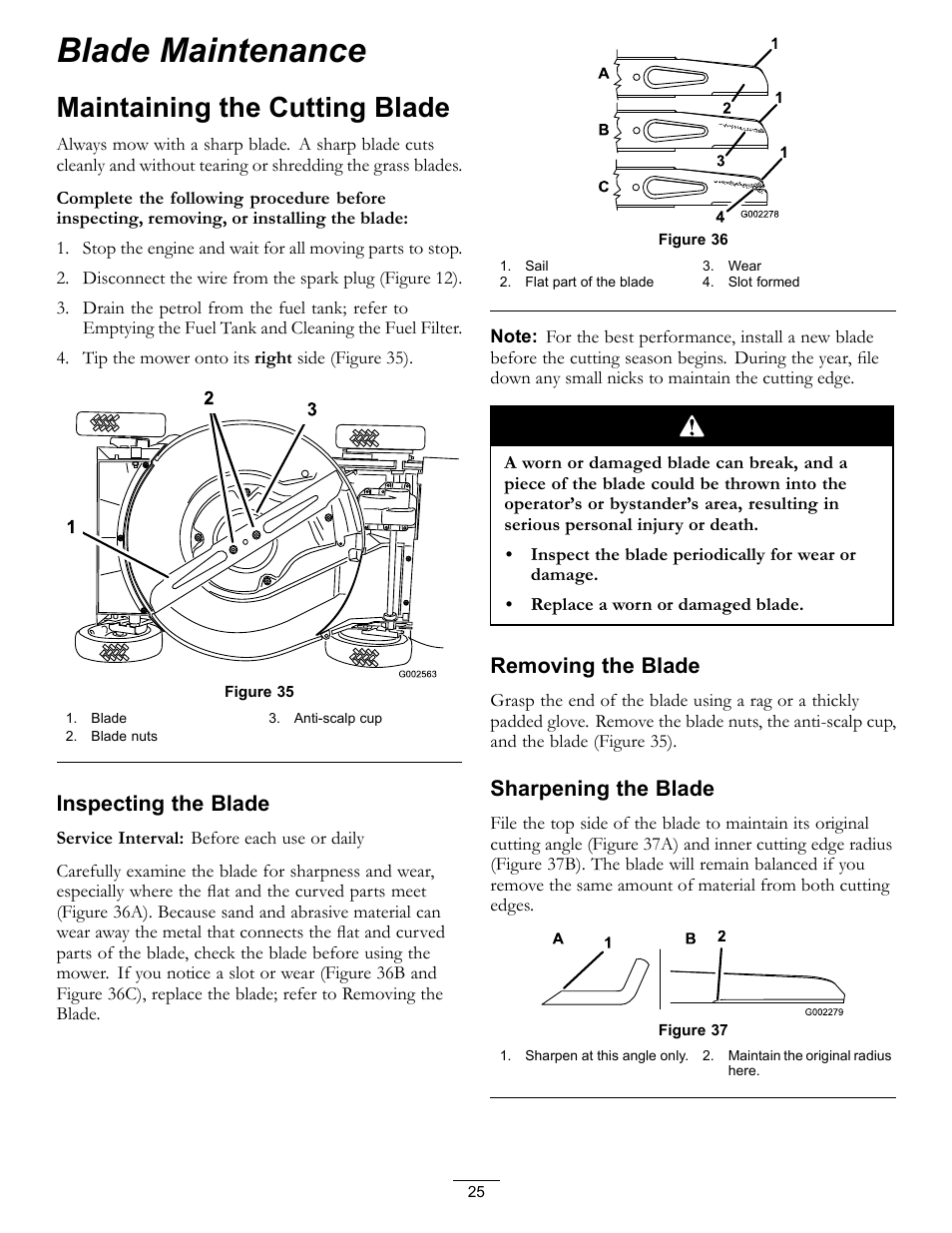 Blade maintenance, Maintaining the cutting blade, Inspecting the blade | Removing the blade, Sharpening the blade | Hayter Mowers 21in Heavy-Duty Walk-Behind Rotary mower 455E User Manual | Page 25 / 32