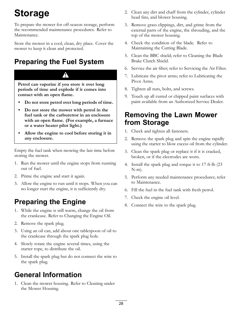 Storage, Preparing the fuel system, Preparing the engine | General information, Removing the lawn mower from storage | Hayter Mowers 21in Heavy-Duty Walk-Behind Rotary mower 455E User Manual | Page 28 / 32