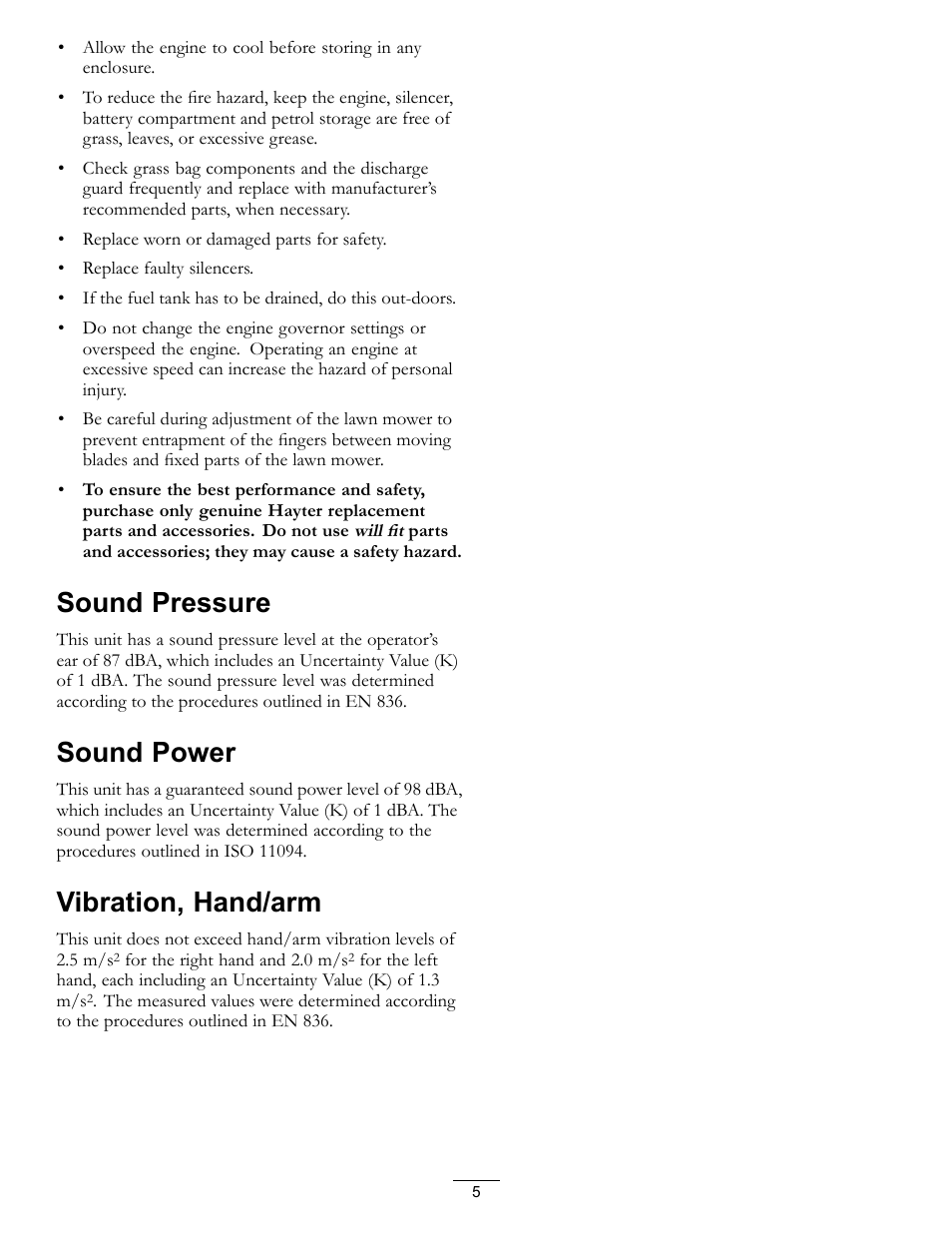 Sound pressure sound power vibration, hand/arm, Sound pressure, Sound power | Vibration, hand/arm | Hayter Mowers 21in Heavy-Duty Walk-Behind Rotary mower 455E User Manual | Page 5 / 32