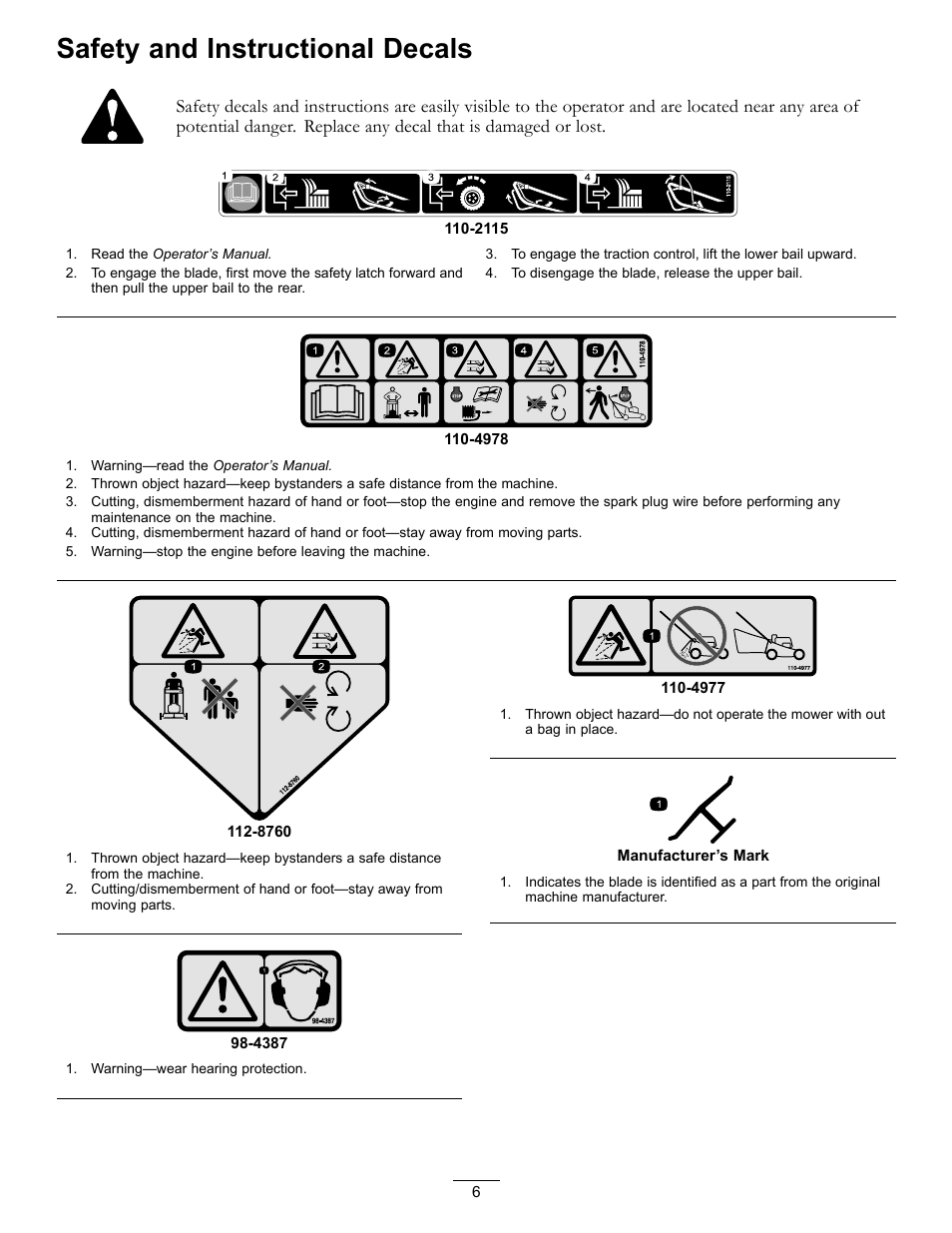 Safety and instructional decals | Hayter Mowers 21in Heavy-Duty Walk-Behind Rotary mower 455E User Manual | Page 6 / 32