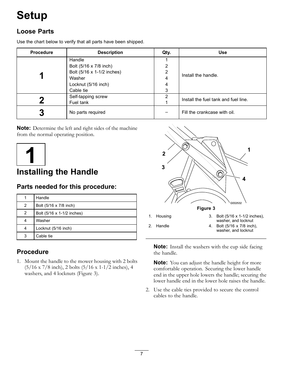 Setup, Line, Installing the handle | Loose parts, Parts needed for this procedure, Procedure | Hayter Mowers 21in Heavy-Duty Walk-Behind Rotary mower 455E User Manual | Page 7 / 32