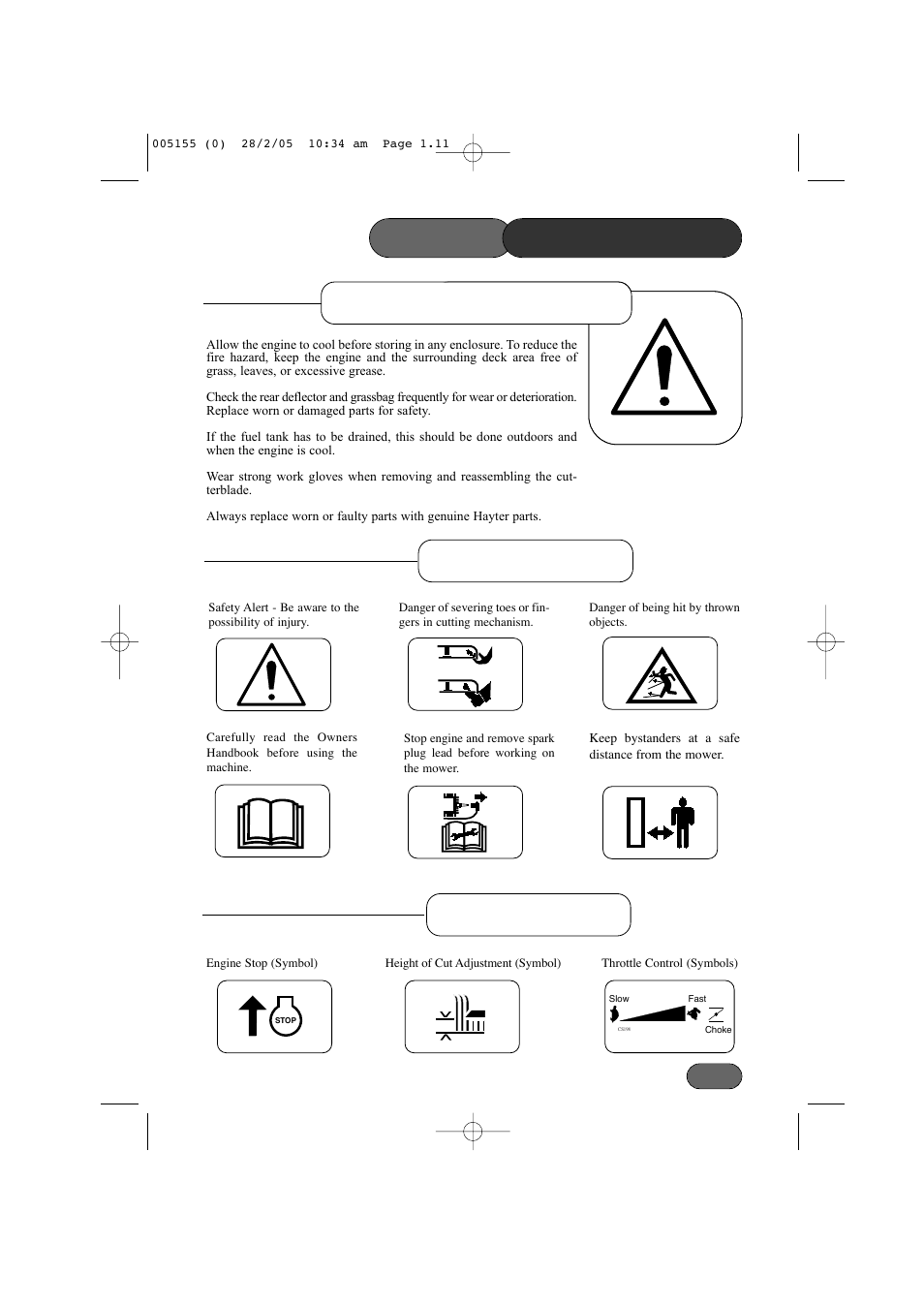 Safety precautions, Maintenance & storage safety symbols, Decal symbols | Hayter Mowers 005C User Manual | Page 11 / 36