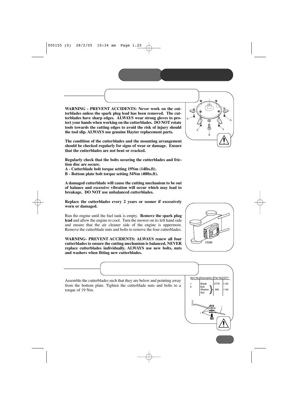 Mower maintenance, Cutterblade removal, Cutterblade assembly | Hayter Mowers 005C User Manual | Page 25 / 36