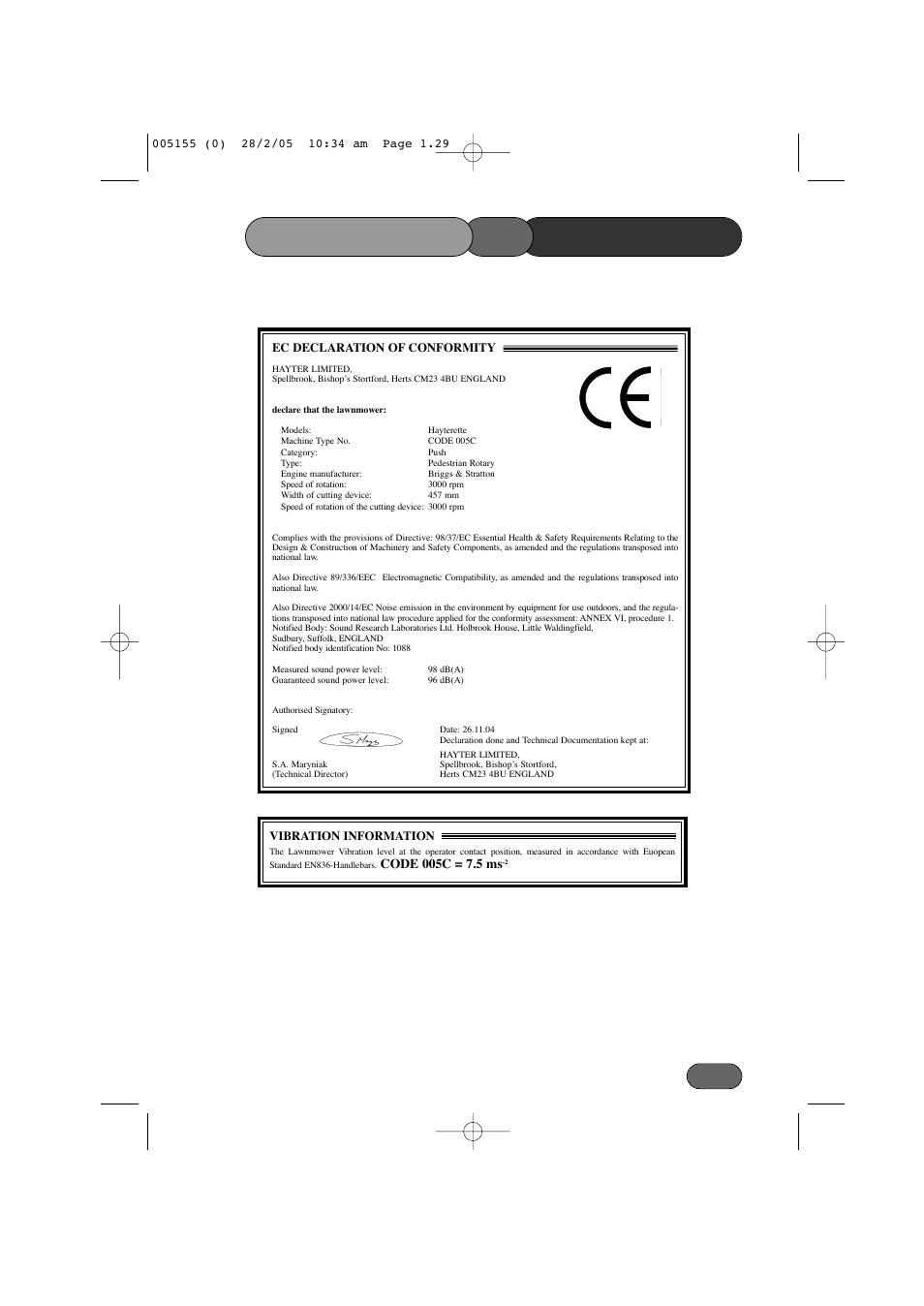 Conformity of declaration | Hayter Mowers 005C User Manual | Page 29 / 36