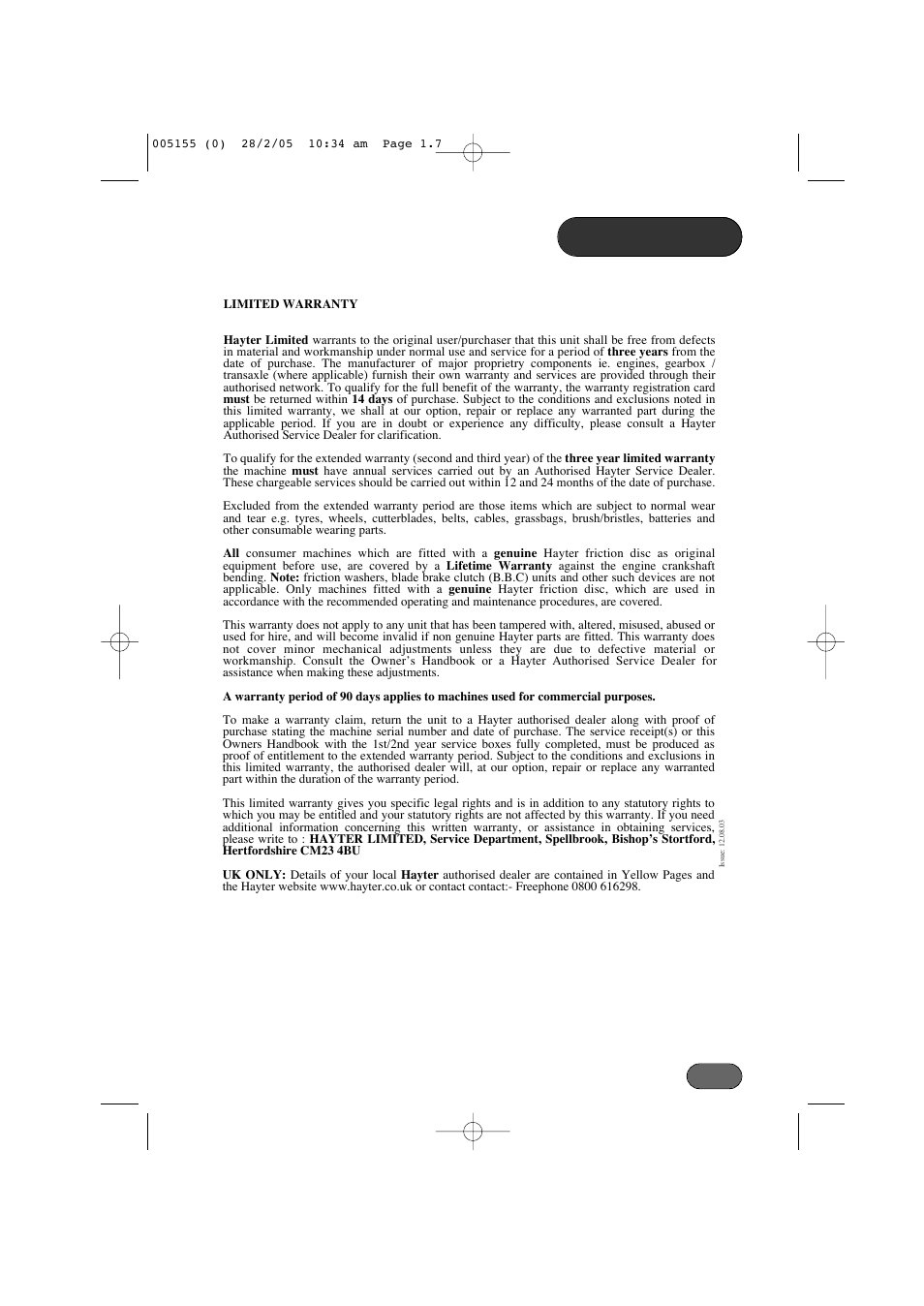 Warranty | Hayter Mowers 005C User Manual | Page 7 / 36