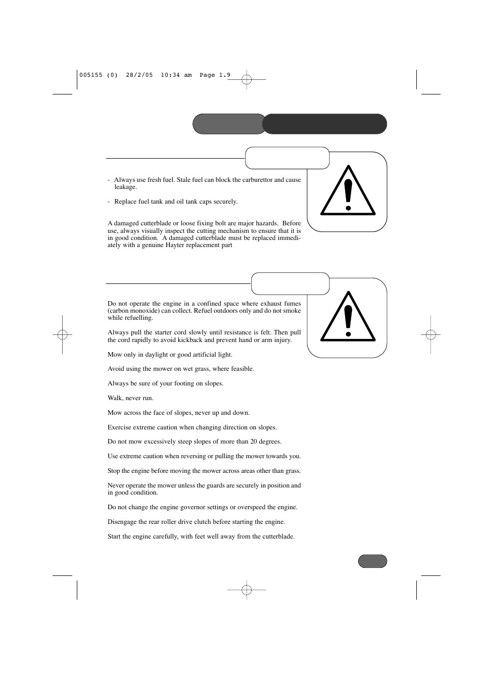 Safety precautions, Operation preparation | Hayter Mowers 005C User Manual | Page 9 / 36