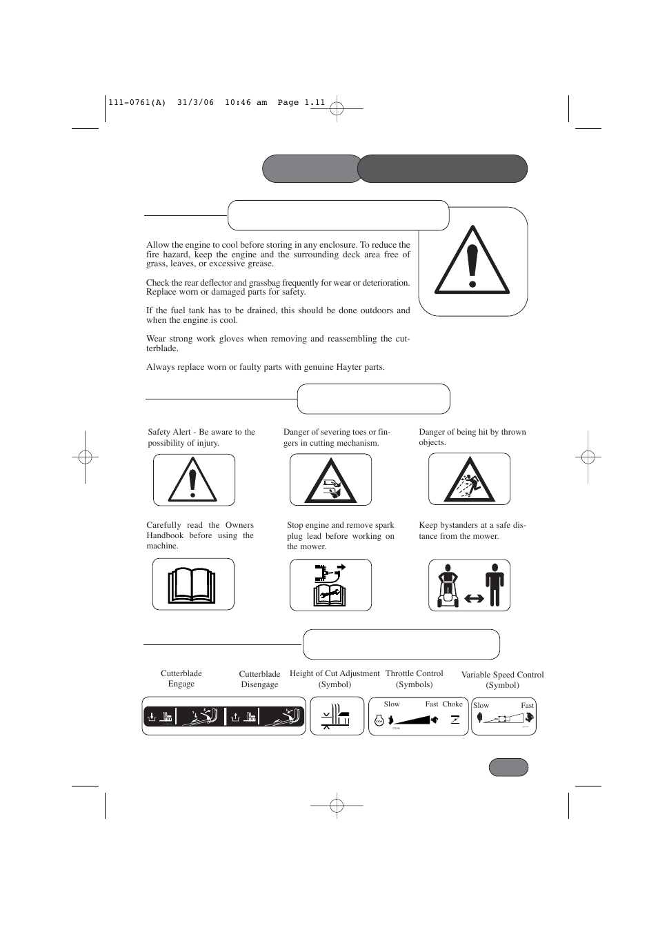 Safety precautions, Maintenance & storage safety symbols, Information symbols | Hayter Mowers Harrier 48 BBC User Manual | Page 11 / 40