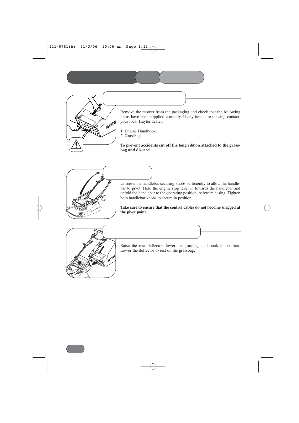 Assembling the mower, Handlebar delivery checklist grassbag attachment | Hayter Mowers Harrier 48 BBC User Manual | Page 12 / 40