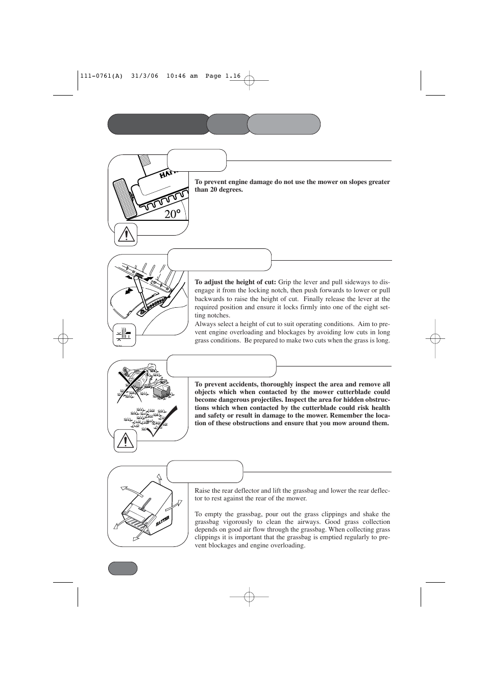 Height of cut before mowing, Grassbag operating the mower, Slopes | Hayter Mowers Harrier 48 BBC User Manual | Page 16 / 40