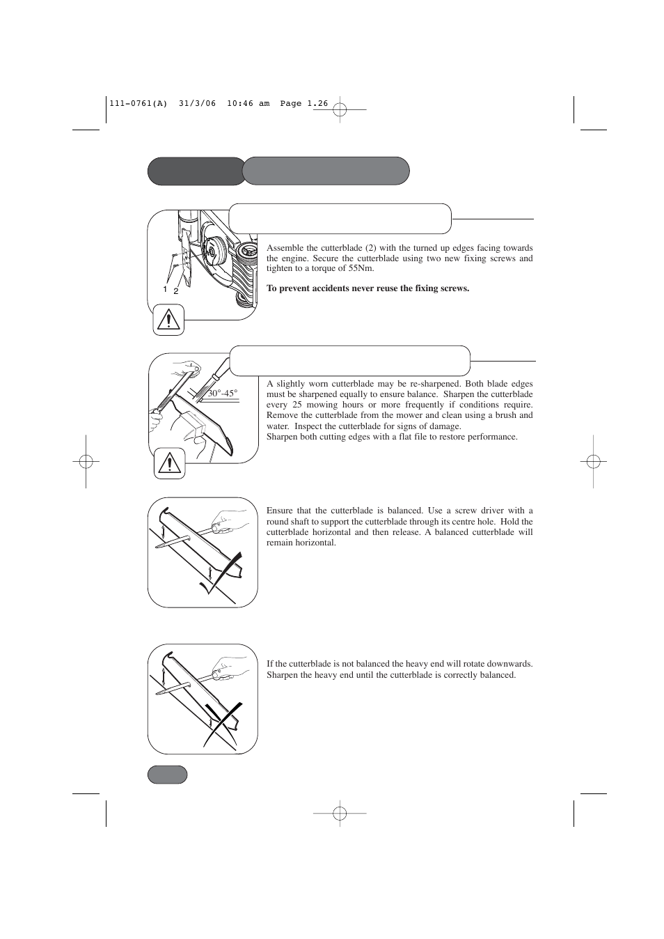 Mower maintenance, Cutterblade sharpening, Cutterblade assembly | Hayter Mowers Harrier 48 BBC User Manual | Page 26 / 40