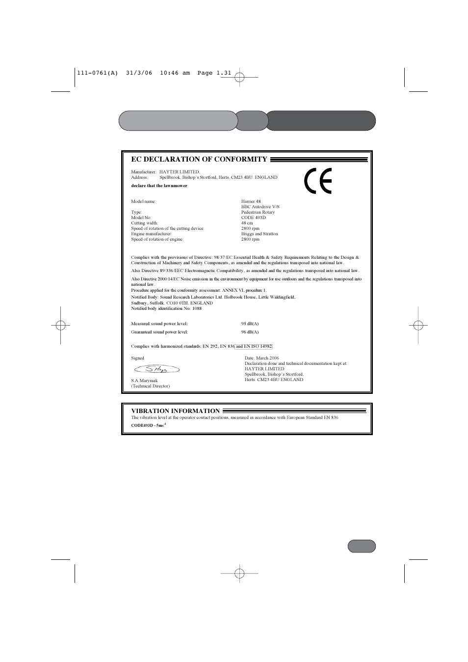 Conformity of declaration | Hayter Mowers Harrier 48 BBC User Manual | Page 31 / 40