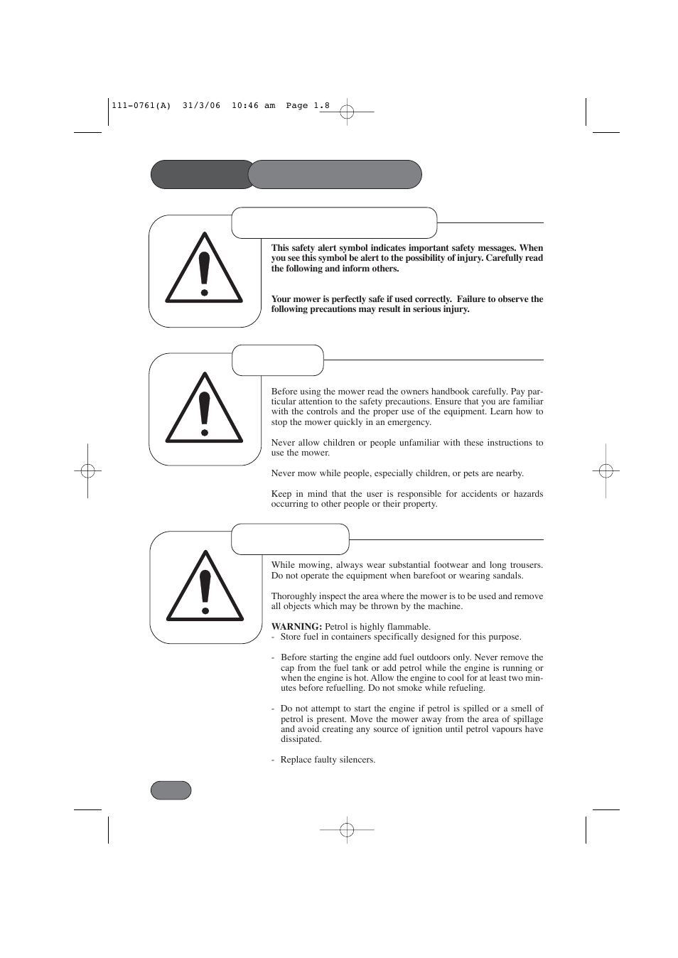 Safety precautions, Safety alert symbol preparation training | Hayter Mowers Harrier 48 BBC User Manual | Page 8 / 40