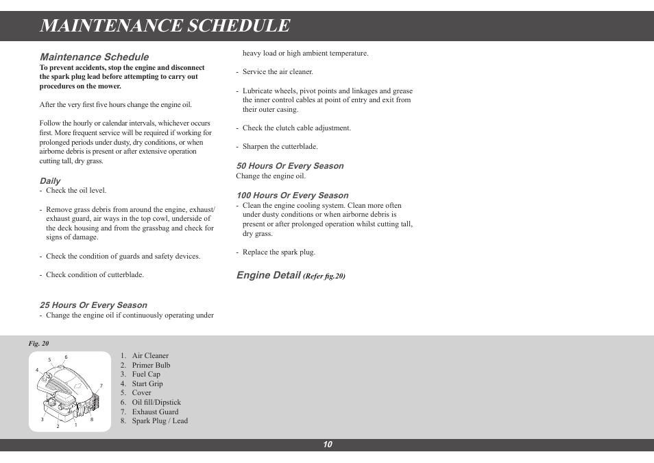 Maintenance schedule, Engine detail | Hayter Mowers Hayter Sprint 41 616E User Manual | Page 10 / 18