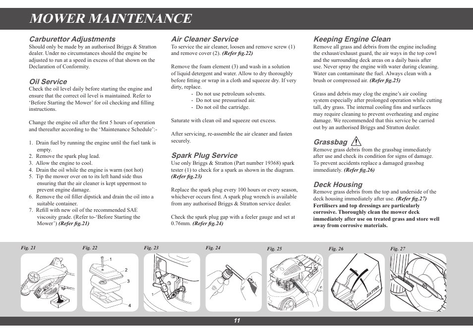 Mower maintenance, Carburettor adjustments, Oil service | Air cleaner service, Spark plug service, Keeping engine clean, Grassbag, Deck housing | Hayter Mowers Hayter Sprint 41 616E User Manual | Page 11 / 18