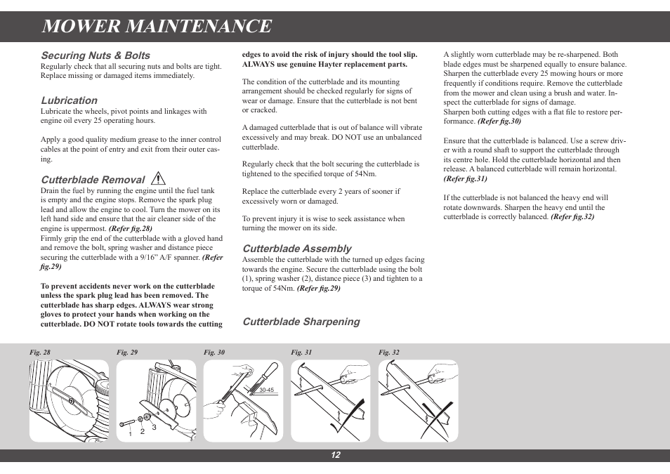Mower maintenance, Securing nuts & bolts, Lubrication | Cutterblade removal, Cutterblade assembly, Cutterblade sharpening | Hayter Mowers Hayter Sprint 41 616E User Manual | Page 12 / 18