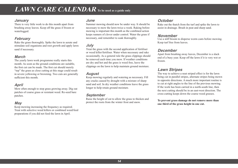 Lawn care calendar, October, November | December, Lawn stripes | Hayter Mowers Hayter Sprint 41 616E User Manual | Page 14 / 18