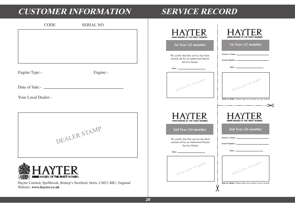 Customer information service record, Dealer st amp | Hayter Mowers Hayter Sprint 41 616E User Manual | Page 18 / 18