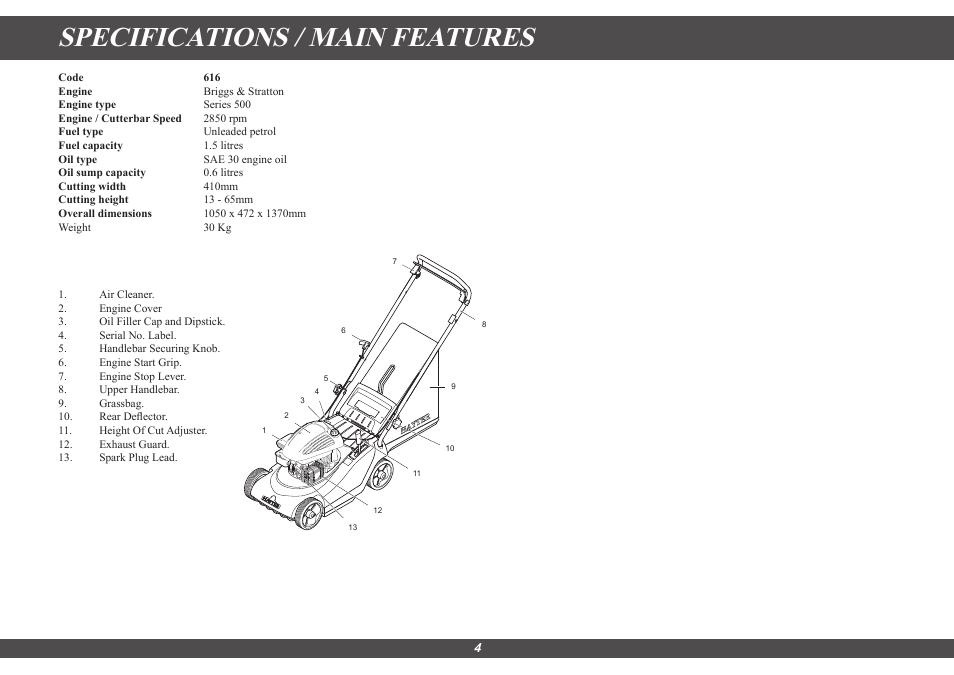 Specifications / main features | Hayter Mowers Hayter Sprint 41 616E User Manual | Page 4 / 18
