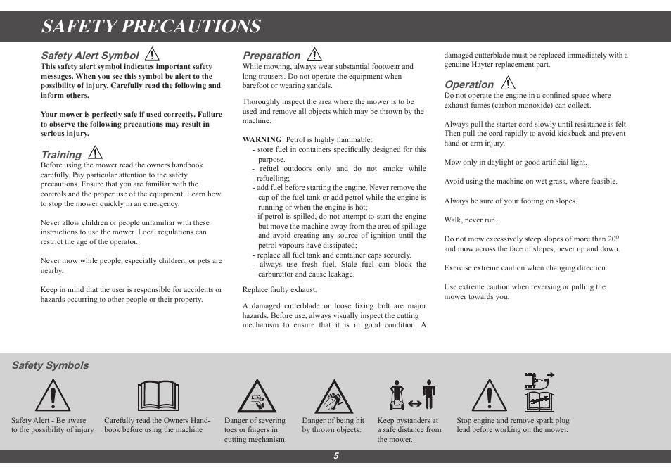 Safety precautions, Safety alert symbol, Training | Preparation, Operation, Safety symbols | Hayter Mowers Hayter Sprint 41 616E User Manual | Page 5 / 18