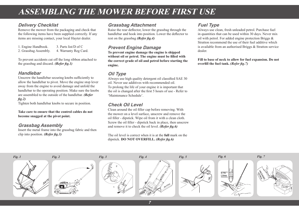 Assembling the mower before first use, Delivery checklist, Handlebar | Grassbag assembly, Grassbag attachment, Prevent engine damage, Oil type, Check oil level, Fuel type | Hayter Mowers Hayter Sprint 41 616E User Manual | Page 7 / 18