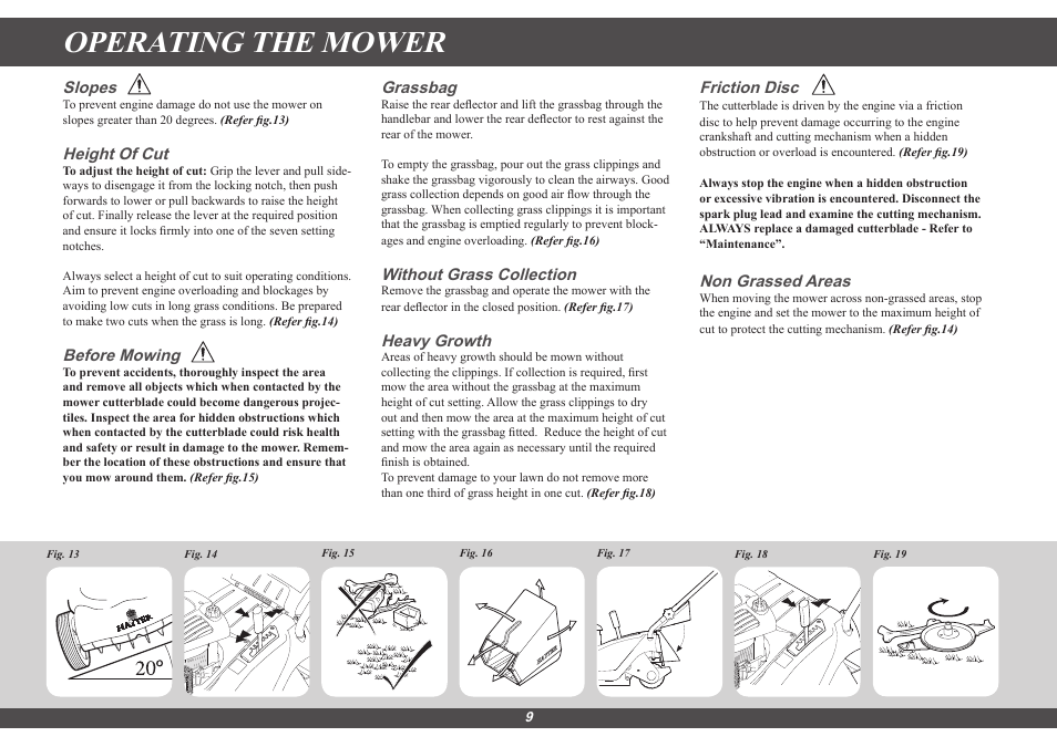 Operating the mower, Slopes, Height of cut | Before mowing, Grassbag, Without grass collection, Heavy growth, Friction disc, Non grassed areas | Hayter Mowers Hayter Sprint 41 616E User Manual | Page 9 / 18