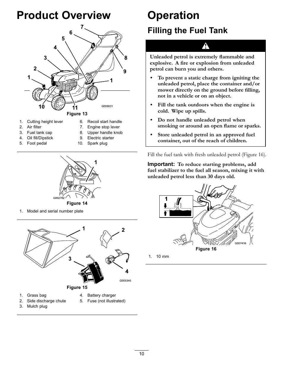 Product overview operation, Filling the fuel tank, Product overview | Operation | Hayter Mowers R53S User Manual | Page 10 / 28