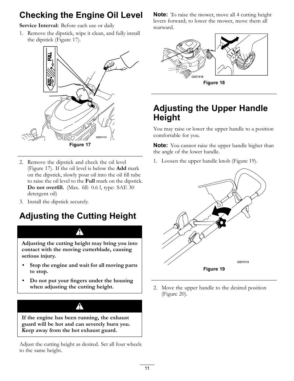 Checking the engine oil level, Adjusting the cutting height, Adjusting the upper handle height | Hayter Mowers R53S User Manual | Page 11 / 28