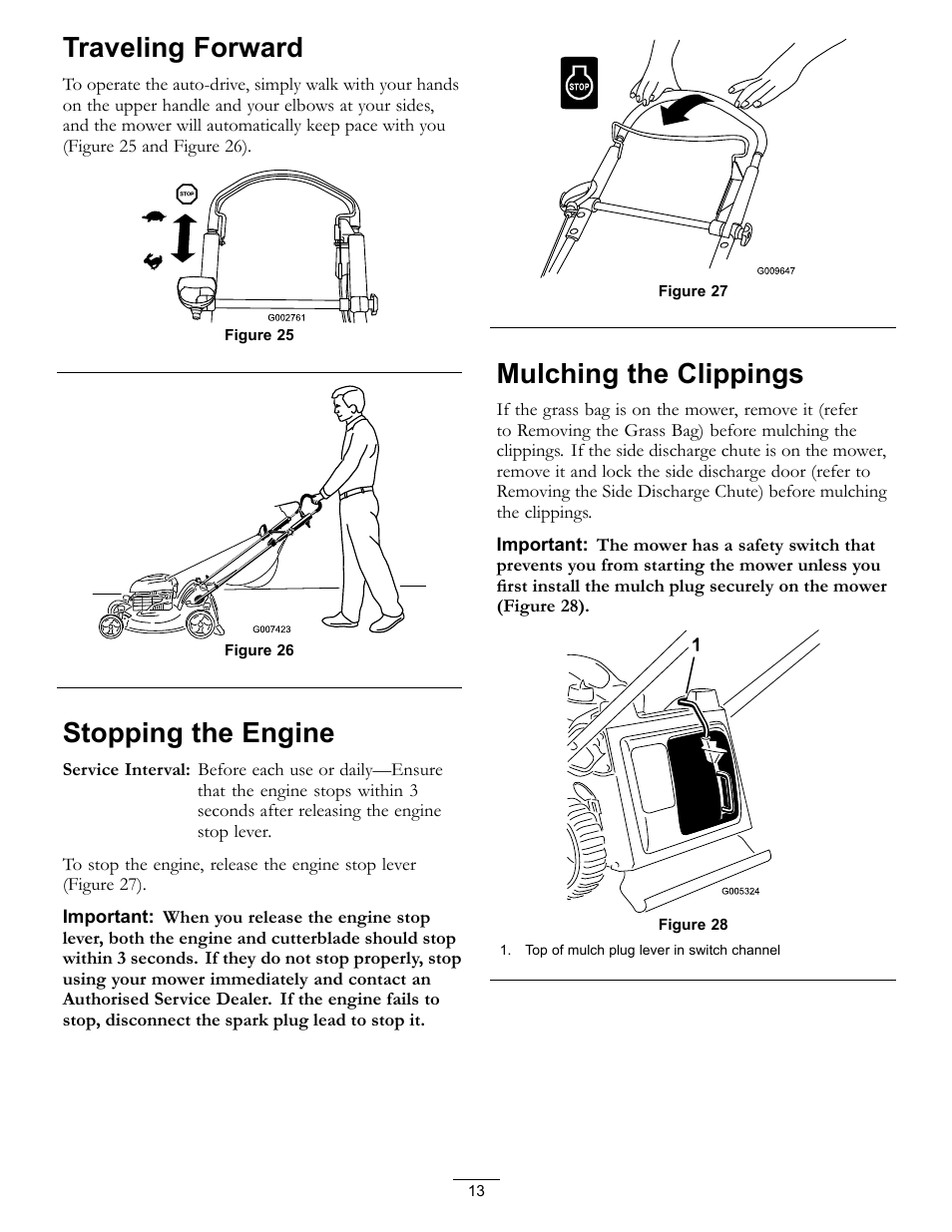 Traveling forward, Stopping the engine, Mulching the clippings | Hayter Mowers R53S User Manual | Page 13 / 28