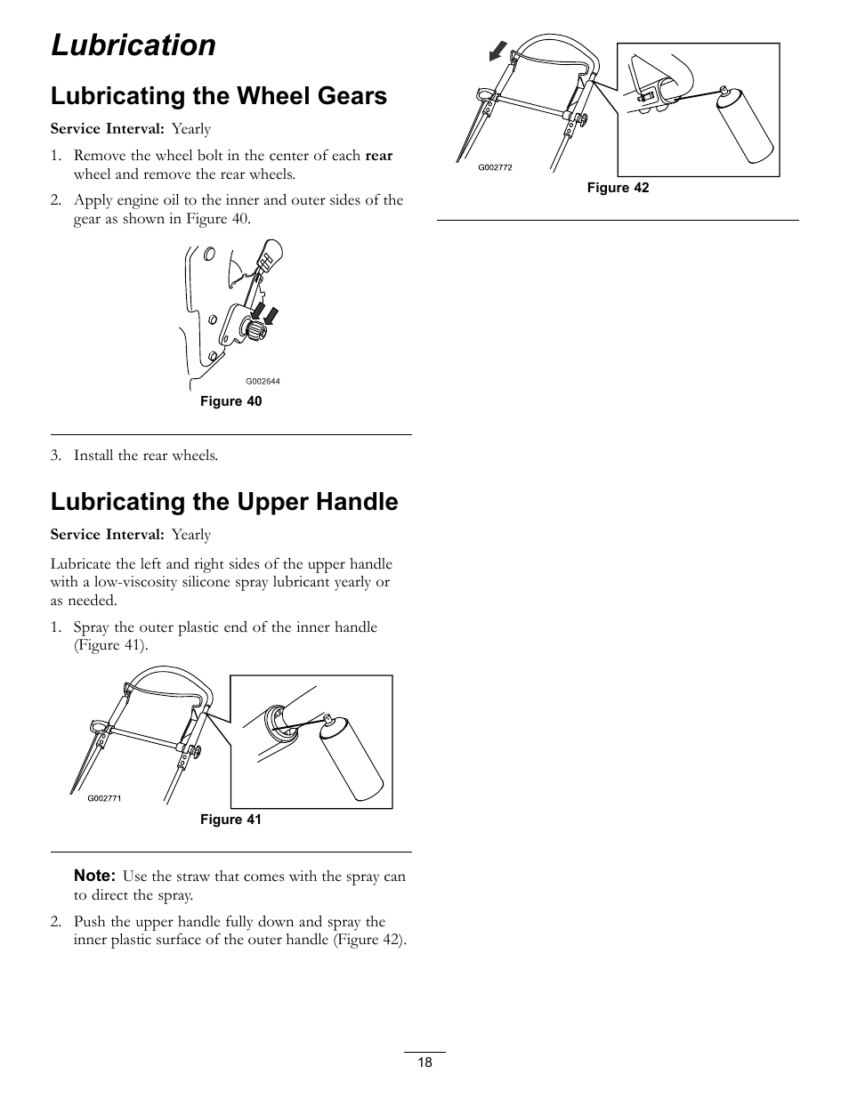 Lubrication, Lubricating the wheel gears, Lubricating the upper handle | Hayter Mowers R53S User Manual | Page 18 / 28