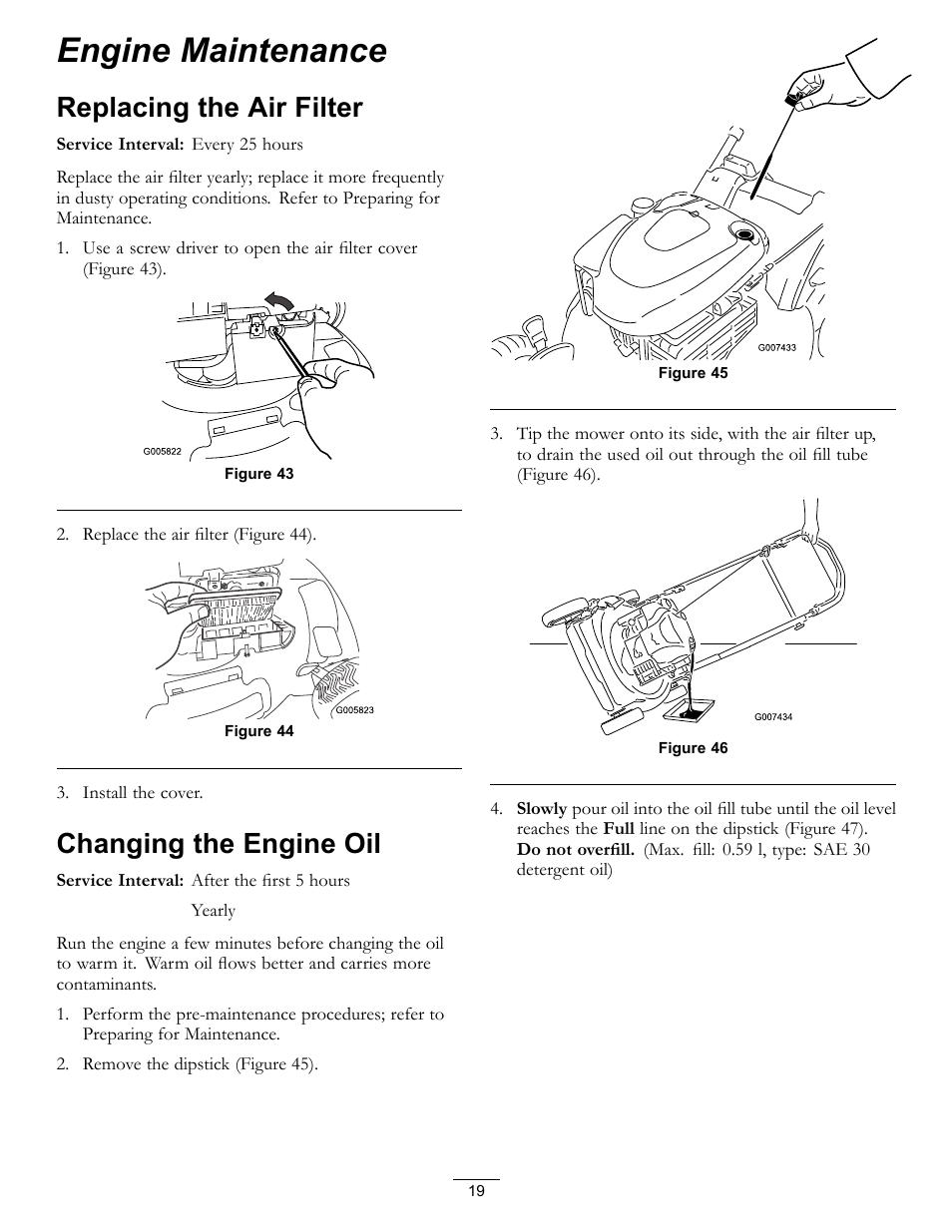 Engine maintenance, Replacing the air filter changing the engine oil, Replacing the air filter | Changing the engine oil | Hayter Mowers R53S User Manual | Page 19 / 28