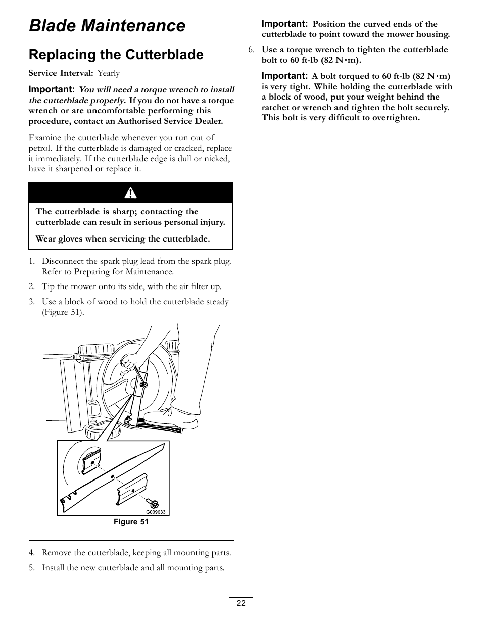 Blade maintenance, Replacing the cutterblade | Hayter Mowers R53S User Manual | Page 22 / 28