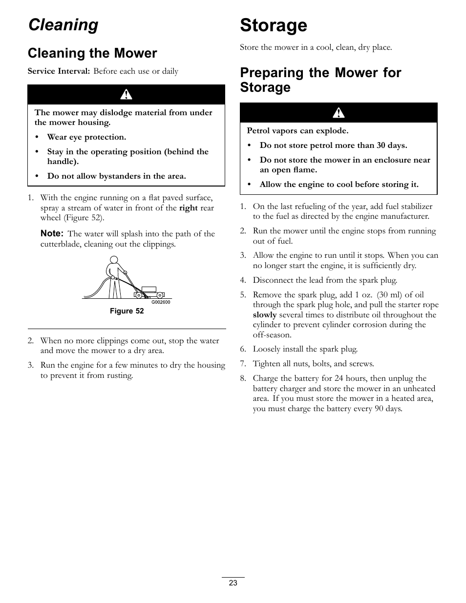 Cleaning, Cleaning the mower, Storage | Preparing the mower for storage | Hayter Mowers R53S User Manual | Page 23 / 28