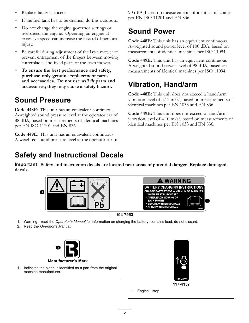 Sound pressure, Sound power, Vibration, hand/arm | Safety and instructional decals | Hayter Mowers R53S User Manual | Page 5 / 28