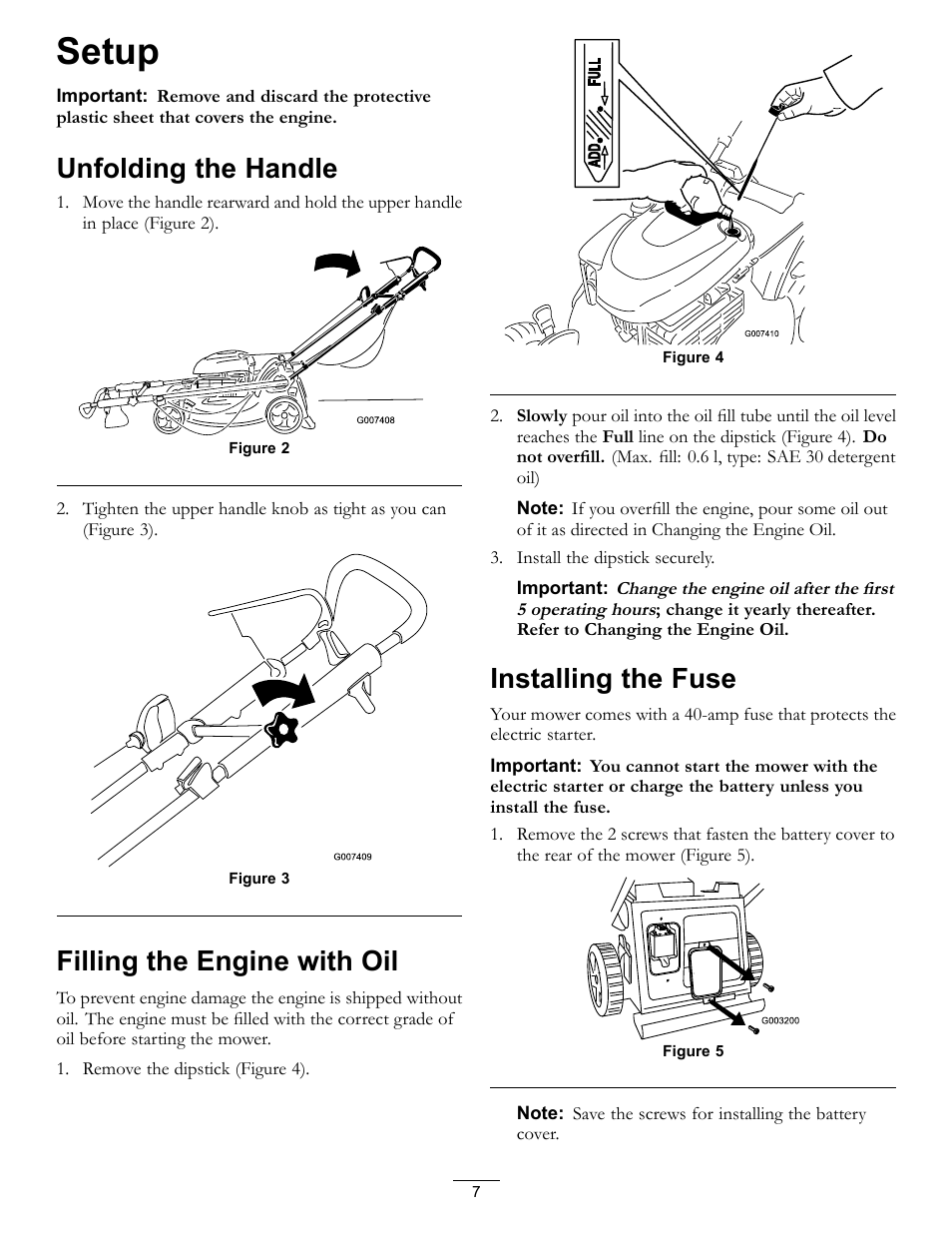 Setup, Unfolding the handle, Filling the engine with oil | Installing the fuse | Hayter Mowers R53S User Manual | Page 7 / 28