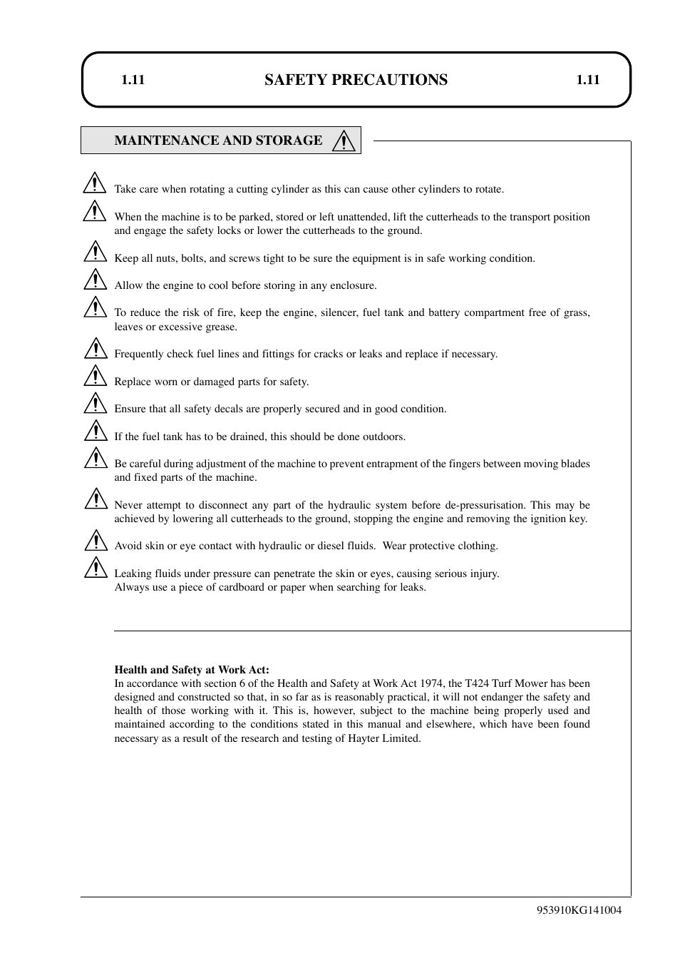 Safety precautions | Hayter Mowers T424 User Manual | Page 11 / 86