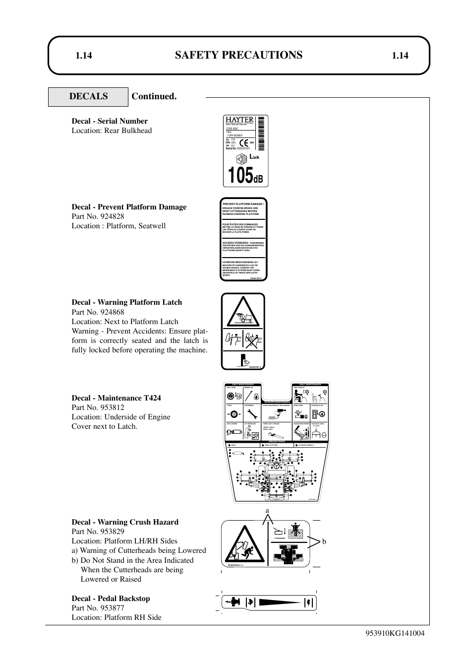 Safety precautions, 14 decals continued | Hayter Mowers T424 User Manual | Page 14 / 86