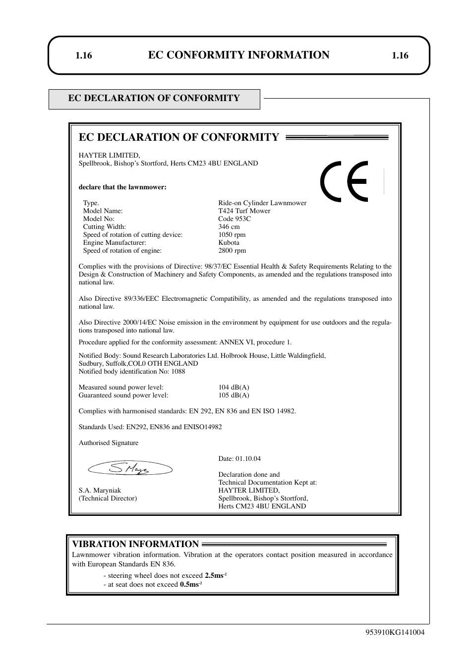 Ec conformity information, Ec declaration of conformity | Hayter Mowers T424 User Manual | Page 16 / 86