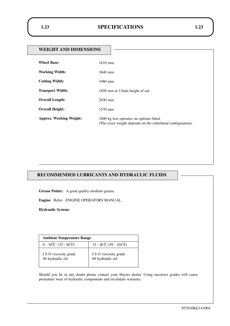 Specifications | Hayter Mowers T424 User Manual | Page 23 / 86