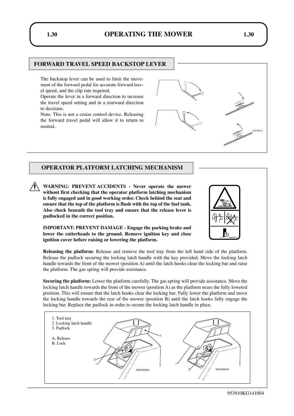 Operating the mower, Operator platform latching mechanism, Forward travel speed backstop lever | Hayter Mowers T424 User Manual | Page 30 / 86