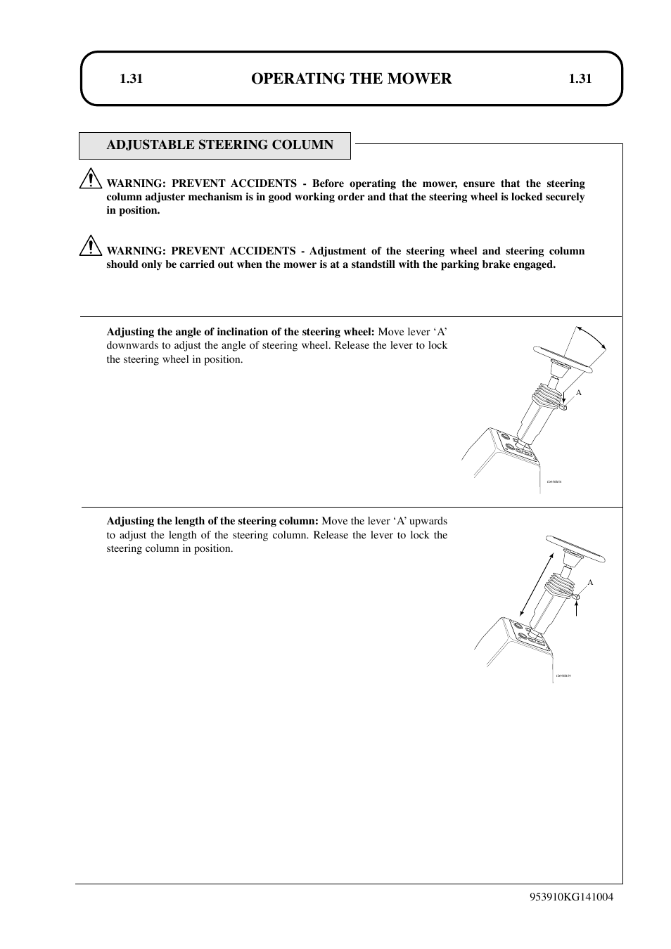 Operating the mower, Adjustable steering column | Hayter Mowers T424 User Manual | Page 31 / 86