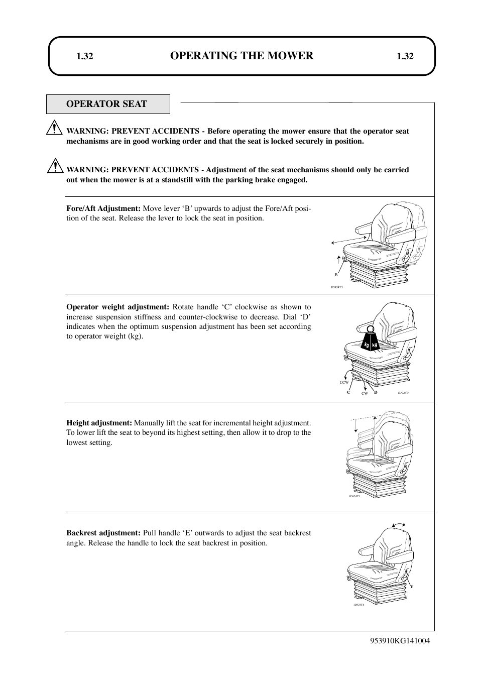 Operating the mower, Operator seat | Hayter Mowers T424 User Manual | Page 32 / 86