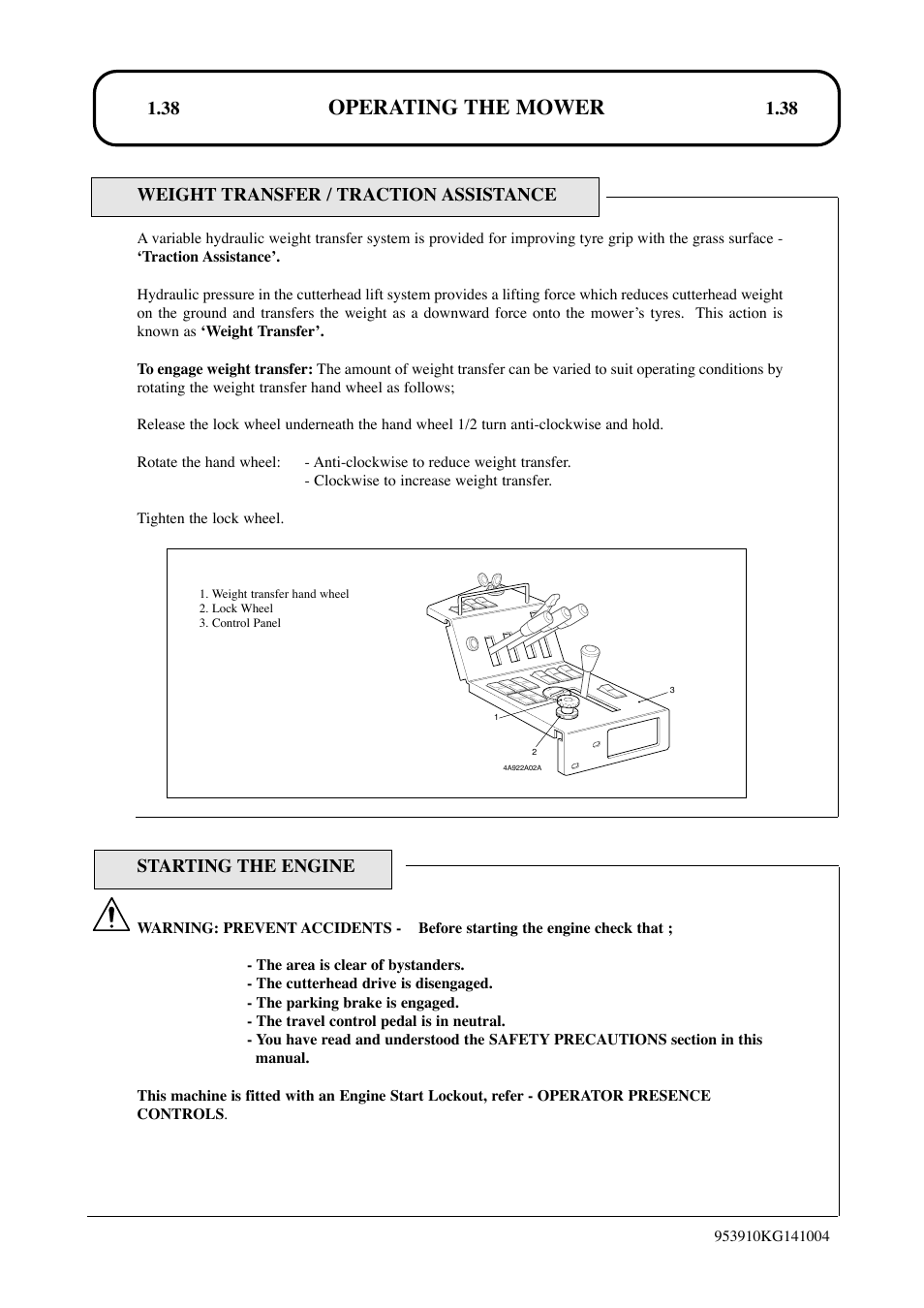 Operating the mower, 38 weight transfer / traction assistance, Starting the engine | Hayter Mowers T424 User Manual | Page 38 / 86