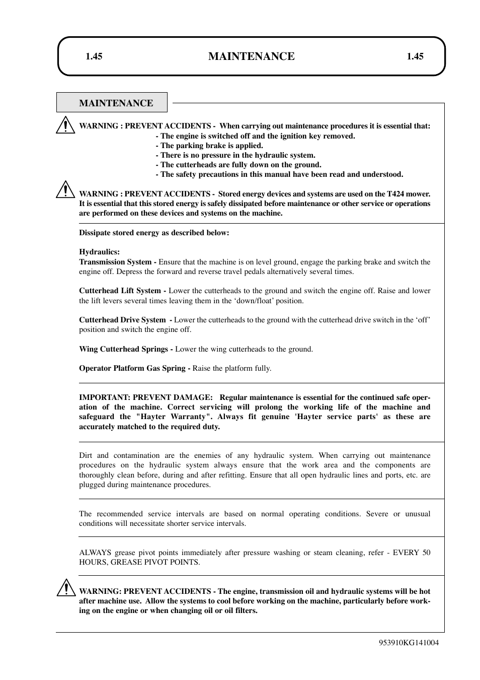 Maintenance | Hayter Mowers T424 User Manual | Page 45 / 86