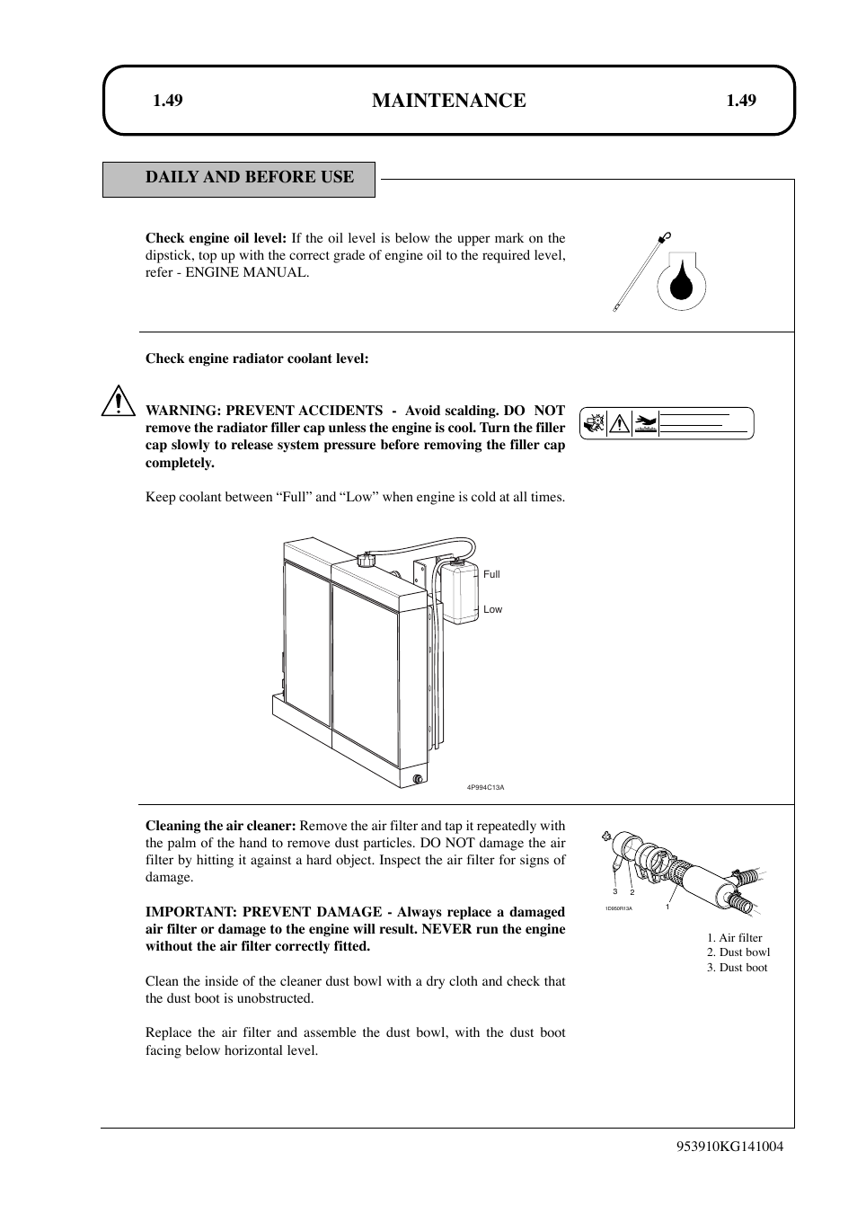 Maintenance, 49 daily and before use | Hayter Mowers T424 User Manual | Page 49 / 86