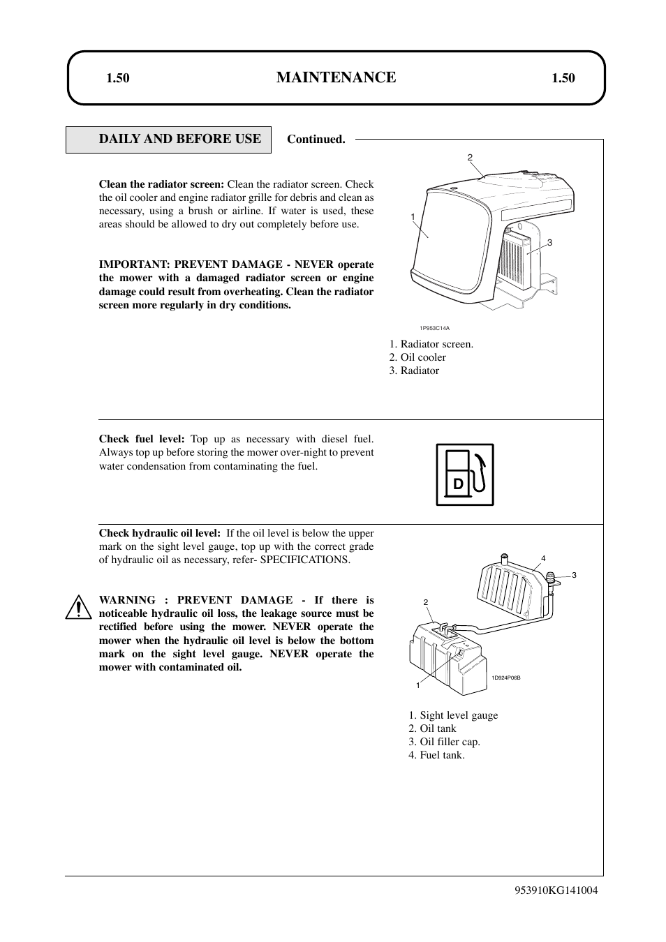 Maintenance, Daily and before use | Hayter Mowers T424 User Manual | Page 50 / 86