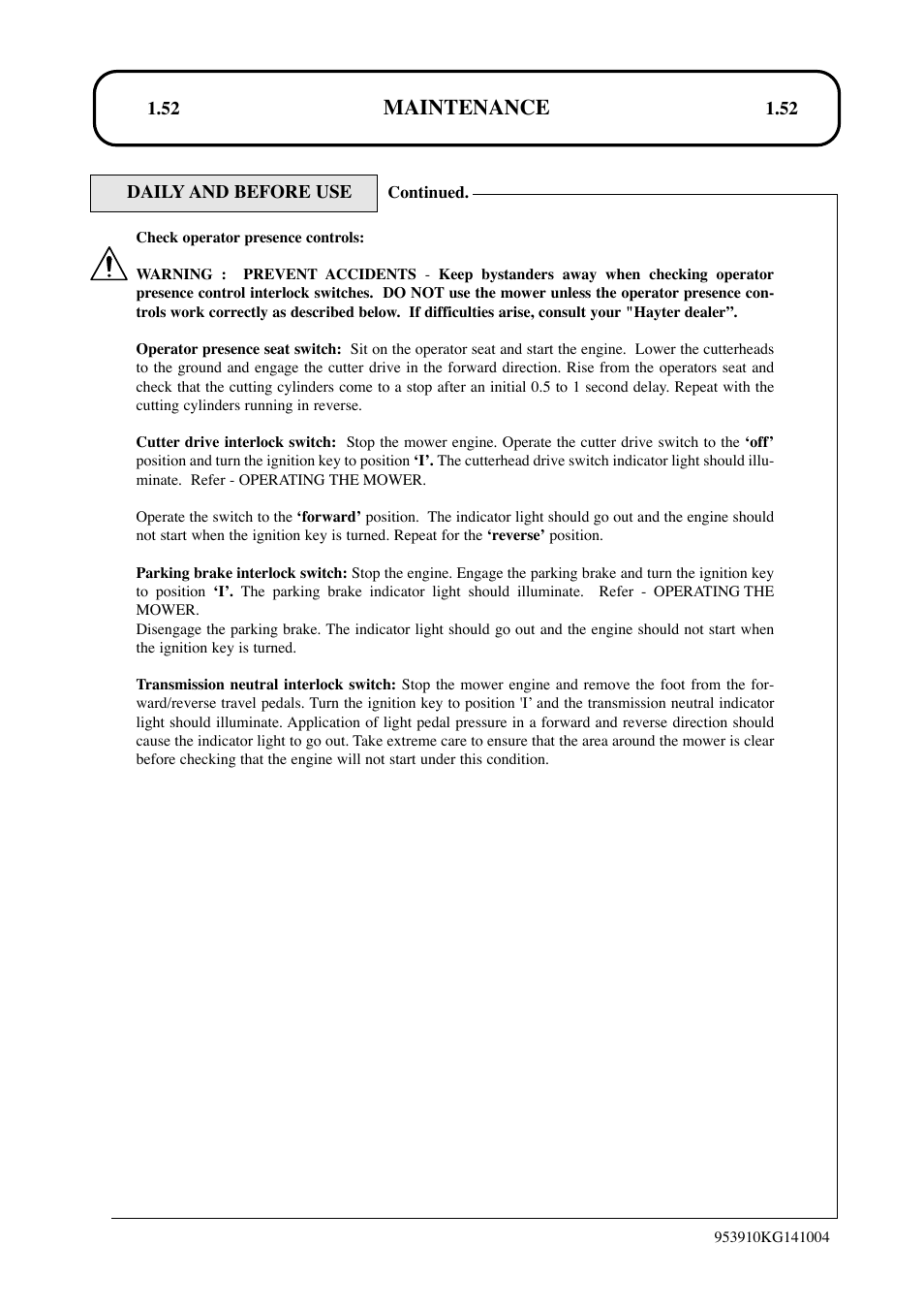 Maintenance | Hayter Mowers T424 User Manual | Page 52 / 86