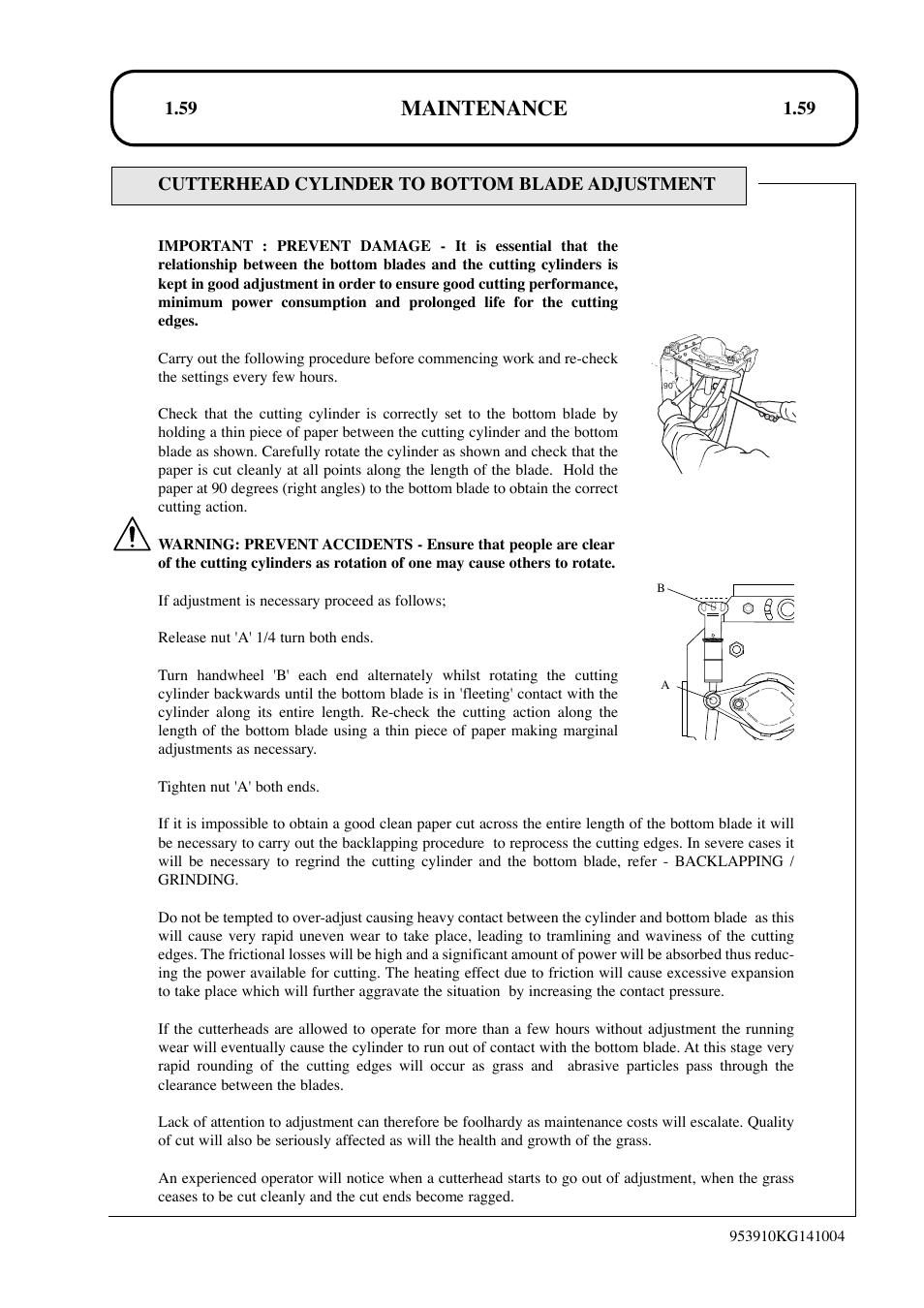 Maintenance, Cutterhead cylinder to bottom blade adjustment | Hayter Mowers T424 User Manual | Page 59 / 86