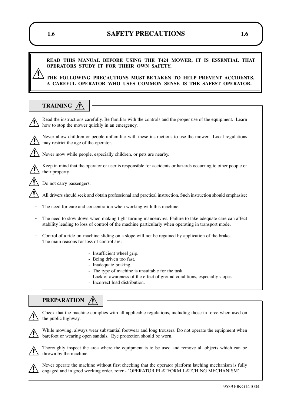 Safety precautions | Hayter Mowers T424 User Manual | Page 6 / 86