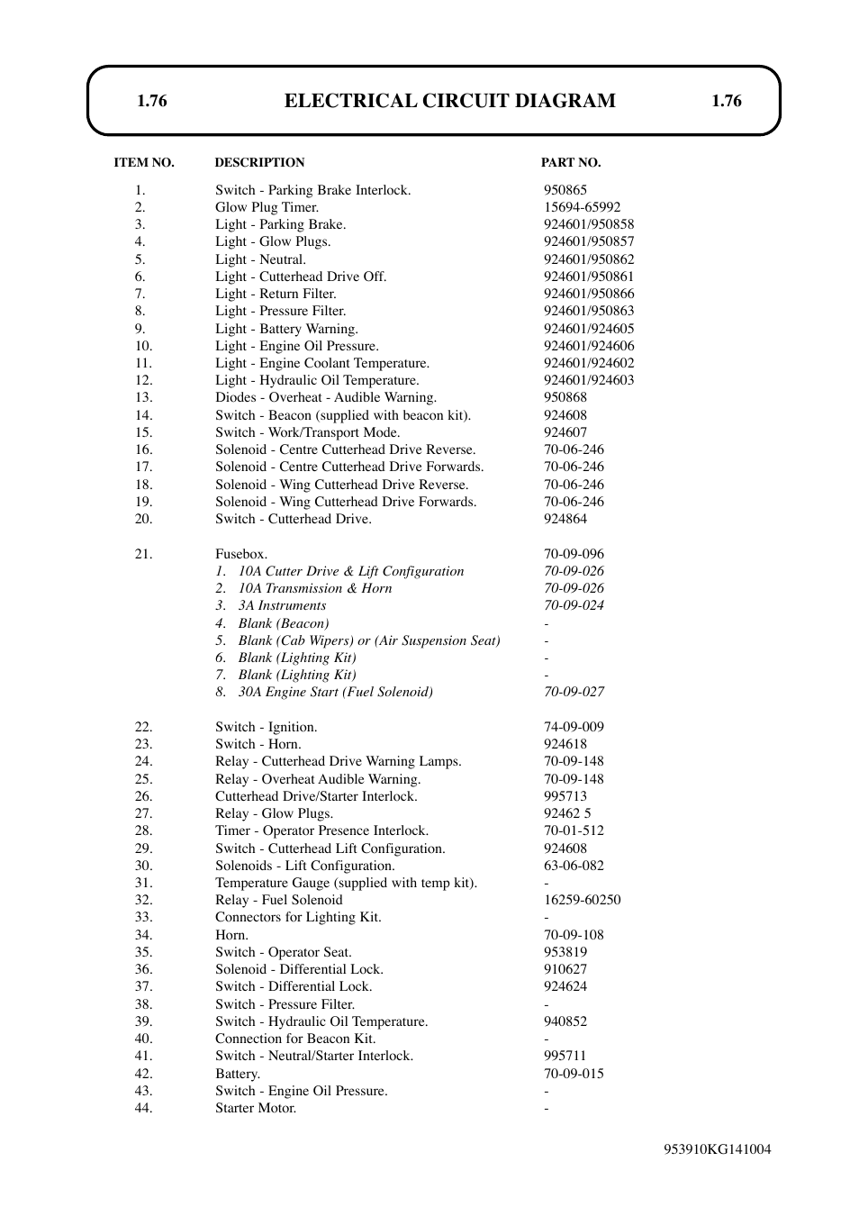 Electrical circuit diagram | Hayter Mowers T424 User Manual | Page 76 / 86