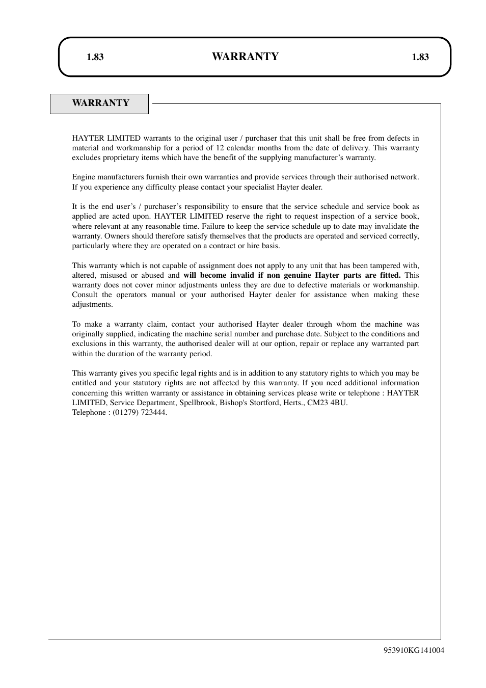 Warranty | Hayter Mowers T424 User Manual | Page 83 / 86